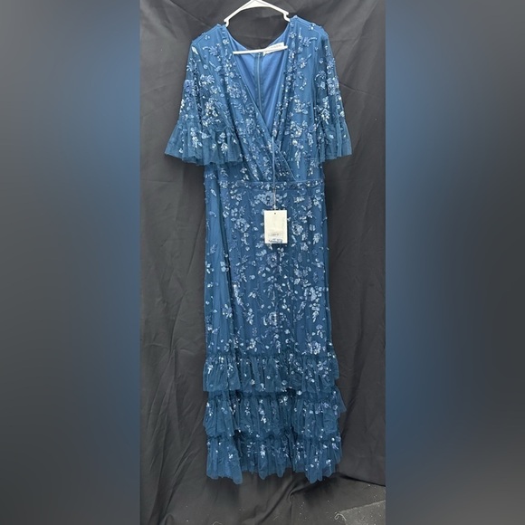 MAC DUGGAL 9270 NWT Sequin Embellished Flutter Sleeve Faux Wrap Tiered Gown - Picture 5 of 7